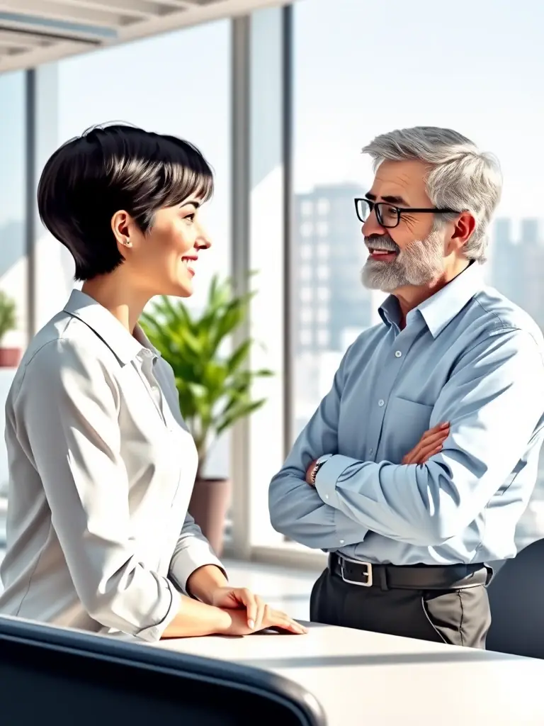 A friendly CarAstra consultant is shown discussing vehicle options with a client in a bright, modern office. The scene emphasizes a collaborative and supportive atmosphere.
