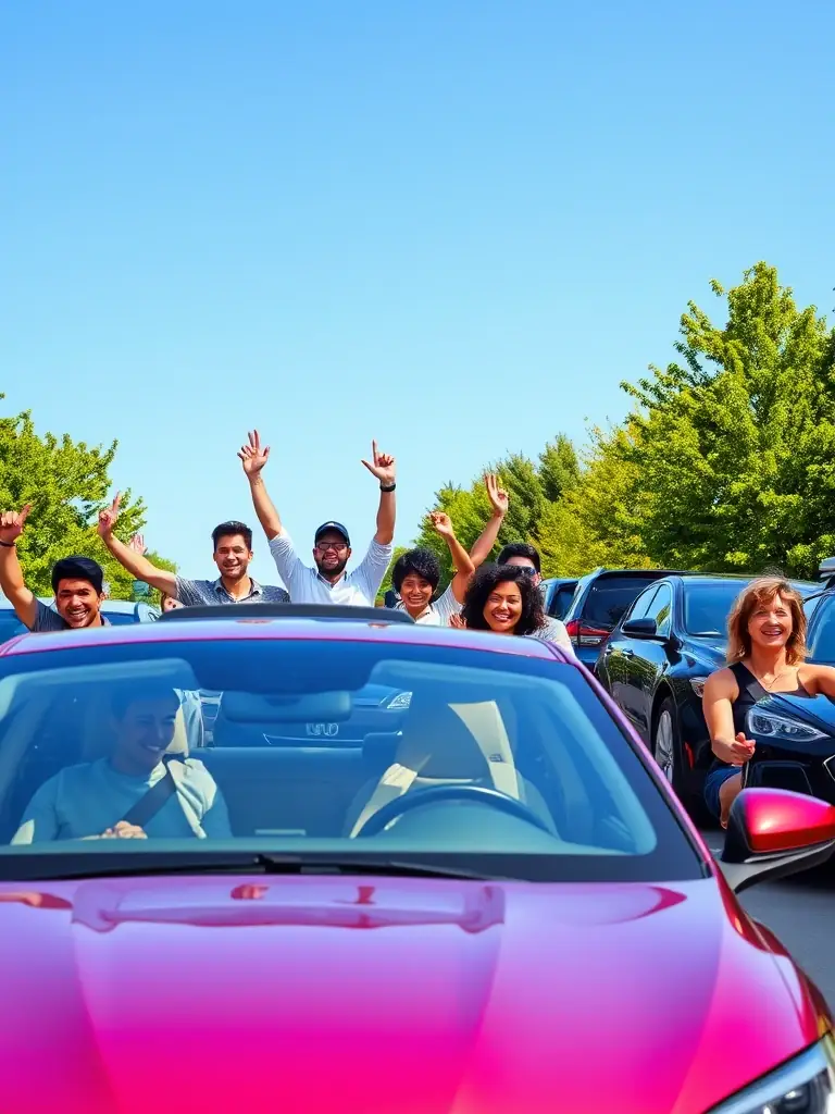 A diverse group of people happily driving different types of cars, symbolizing the wide range of automotive needs CarAstra caters to.