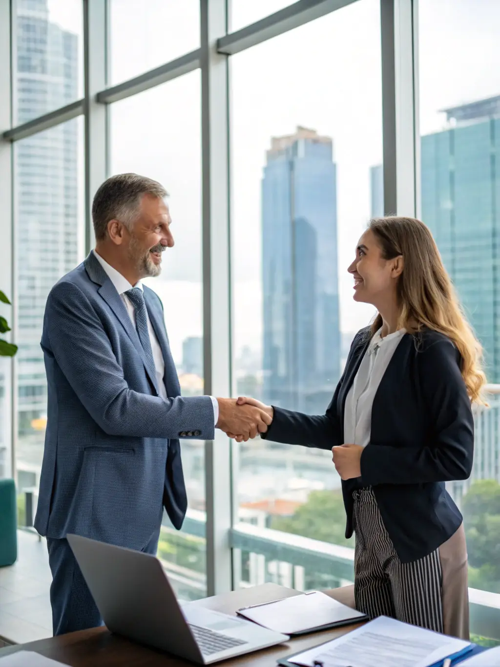 A handshake between a consultant and a satisfied client in front of a new car, representing the final recommendation and support phase at CarAstra.