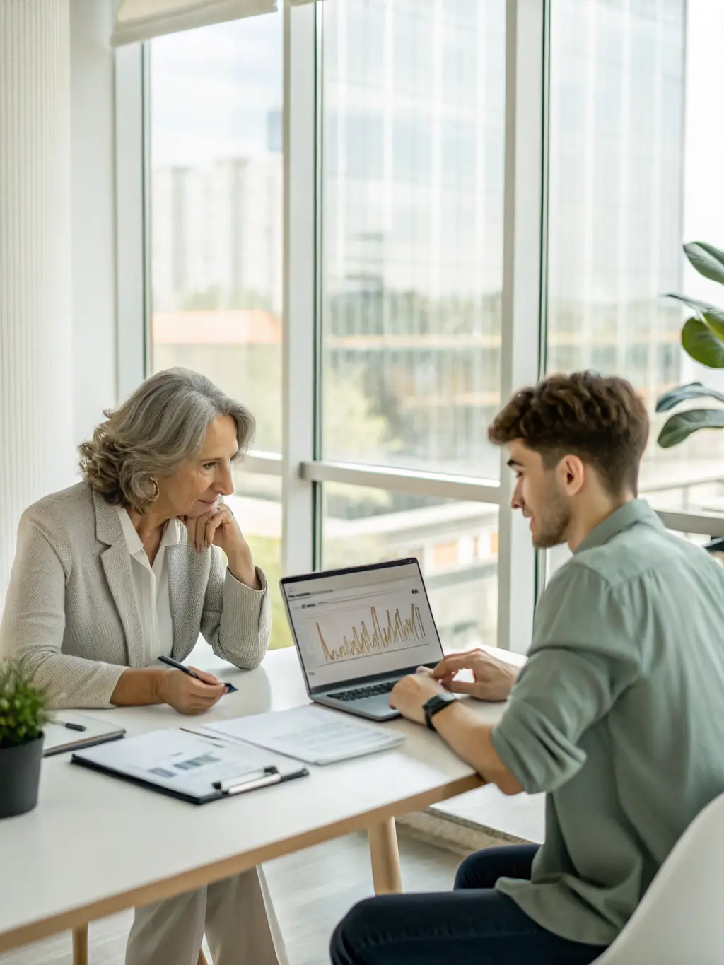 An image depicting a financial advisor reviewing financing options with a client, emphasizing clarity and support.
