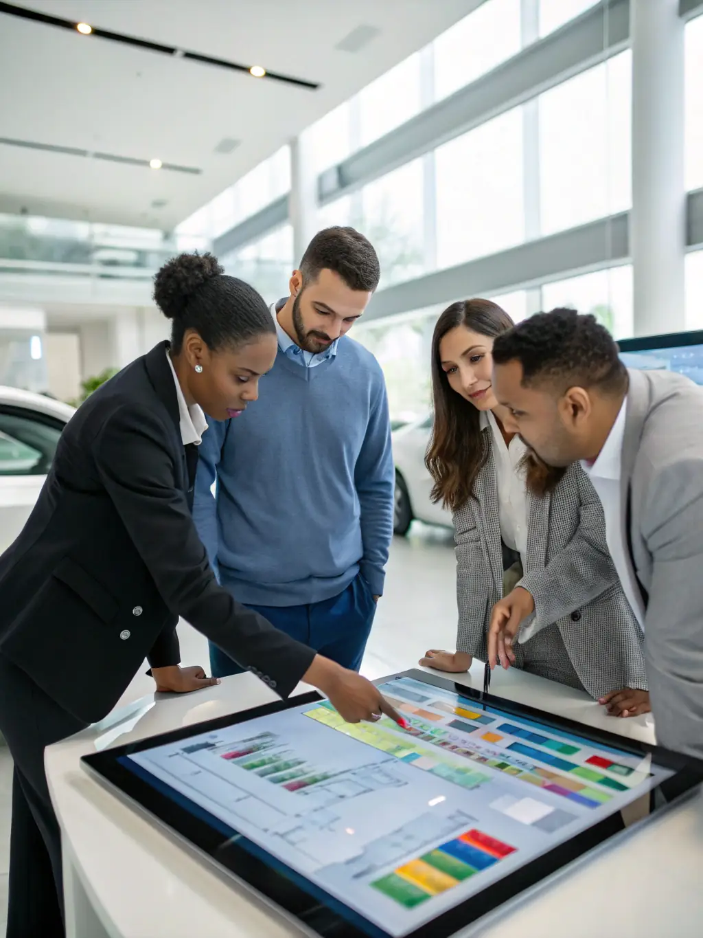 A team of experts analyzing automotive data and reports on multiple computer screens, representing the expert analysis phase at CarAstra.