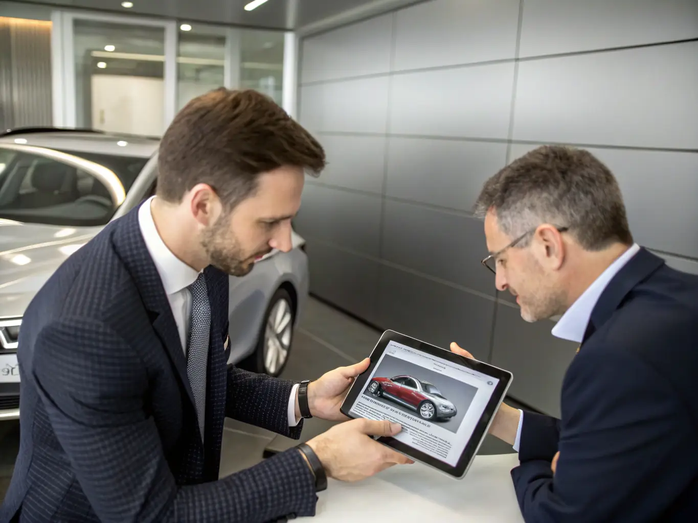 A professional consultant advising a client on vehicle selection, with various car models displayed in the background, symbolizing informed decision-making.